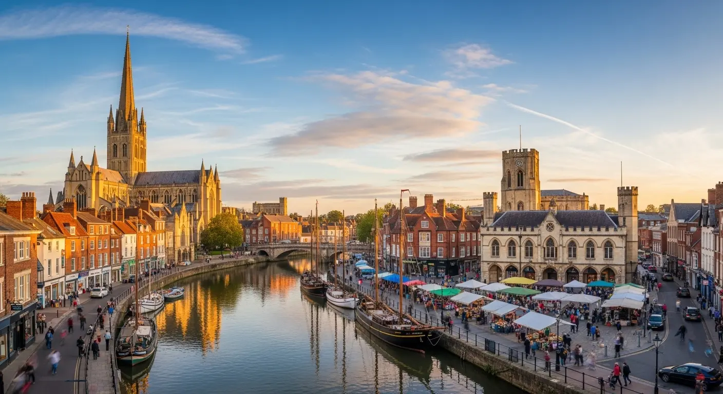 Norwich Cathedral spire rising above the city rooftops
