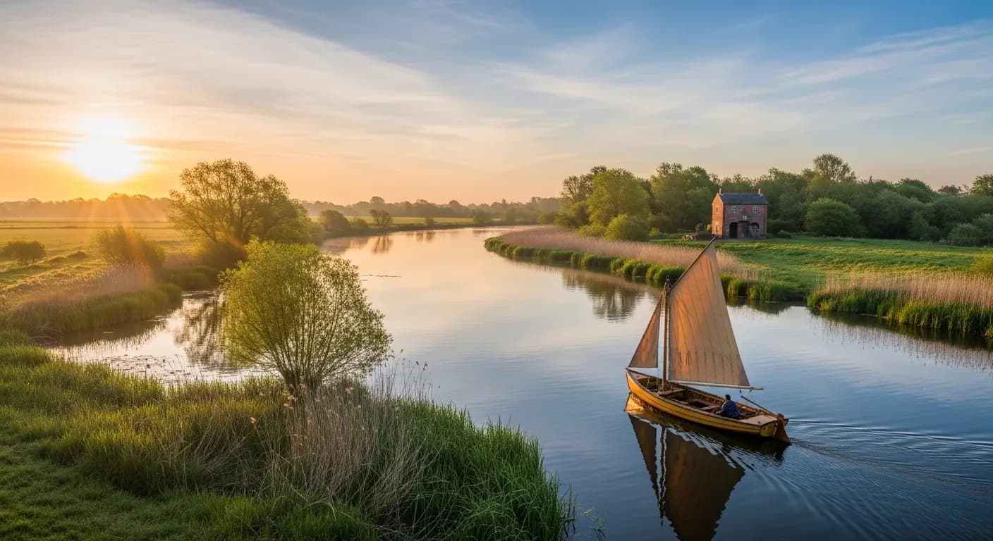 Boats moored on a calm stretch of the Norfolk Broads